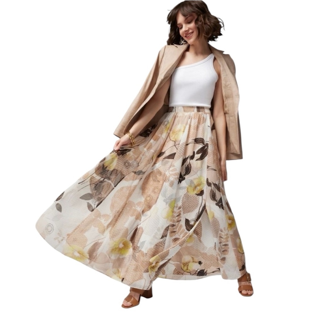 White House Black Market White Brown Boho Abstract Flowy Floral Maxi Skirt